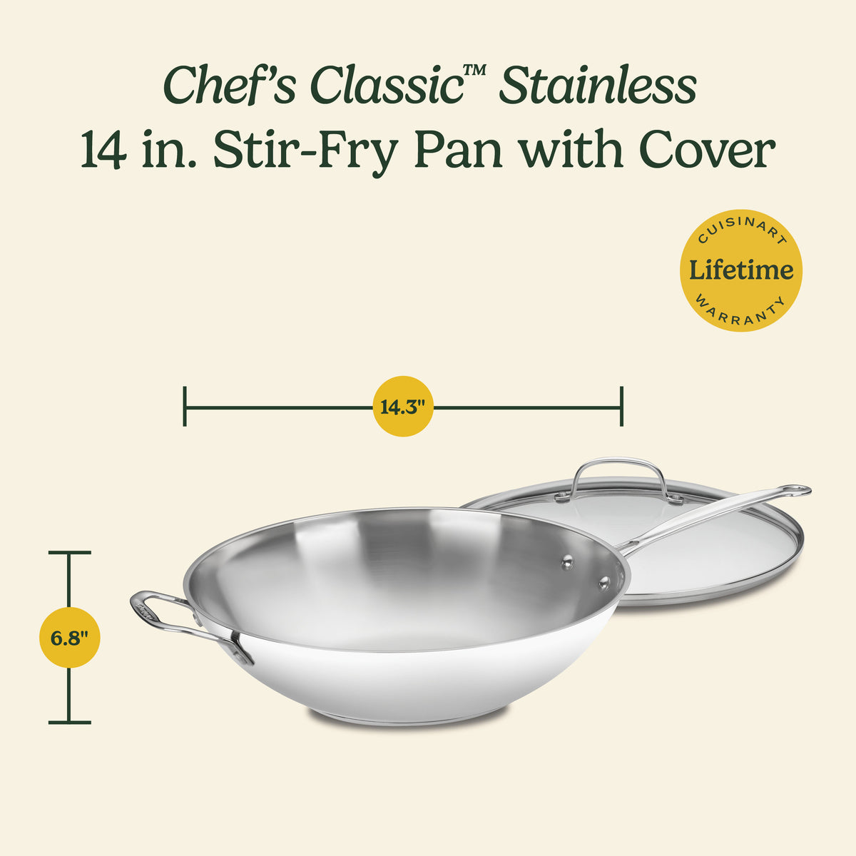 Chef's Classic™ Stainless 14" Stir-Fry Pan with Helper Handle & Glass Cover | Cuisinart Cookware